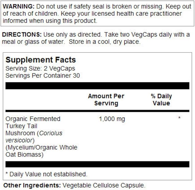 SOLARAY Fermented Turkey Tail Mushroom Supplement 1000mg - Overall Wellness Support - Turkey Tail Mushroom Capsules with Organic Mushrooms - Vegan, Non-GMO, Lab Verified, 60-Day Guarantee, 30 Servings