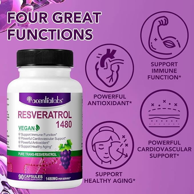 100% Natural Resveratrol - 1480mg Per Serving, 90 Veggie Capsules, 99% Pure Trans-Resveratrol, Antioxidant for Healthy Aging, Brain & Heart Support
