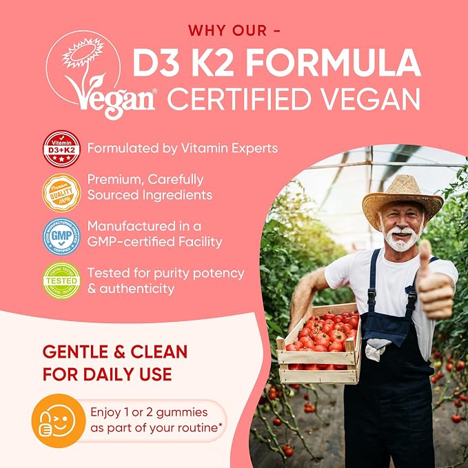 Vitamin D3 K2 Gummies 5000IU / 10,000 IU with 500mg Calcium + K2(MK-7) 200mcg, Magnesium, Vitamin C & Zinc, Extra Strength - Ultimate Absorbency for Bones, Muscles, Teeth, Vegan, 60 Count (Pack of 1)