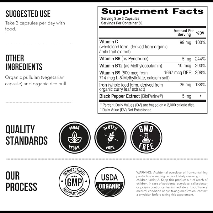 Organic Iron Supplement | Whole Food Mineral & Cofactors, 25 mg Elemental | Enhanced Absorption Plus Blood Health Vitamins – Gentle Form – Supports Healthy Levels & Blood Health – 90 Capsules