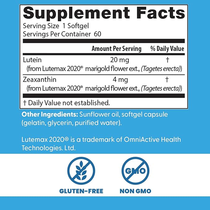 Doctor's Best Lutein Supplement 20mg with Zeaxanthin - Lutein for Eyes, Eye Health Vitamins for Men & Women, Vision and Macular Health Support, Lutemax 2020 Marigold Flower Extract - 60 Softgels