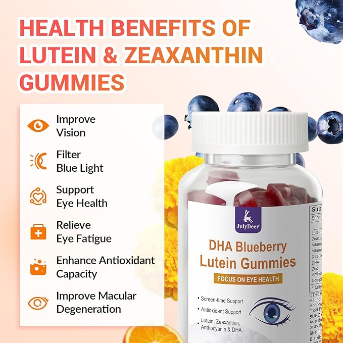 Lutein and Zeaxanthin Gummies Supplements Support Eye Health, 9 in 1 with Vitamin E and C, B-carotene, DHA, Zinc, Anthocyanin (Blueberry Extract), Complex Probiotics, Non-GMO, Gluten Free I 60 Gummies