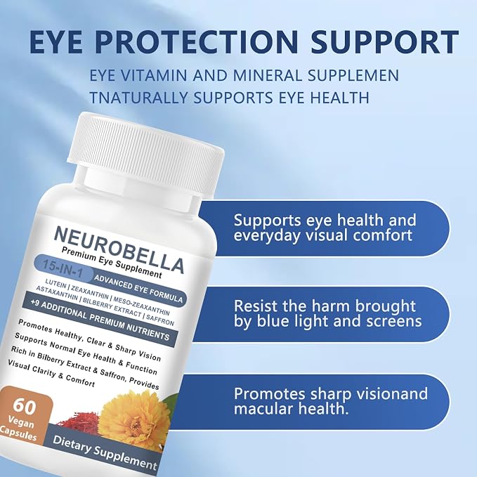 Neurobella Eye Formula， 15-in-1 Eye Nutritional Support Capsules - Containing carotenoids (Lutein, zeaxanthin, etc.),Bilberry Extract and Saffron, 60 Capsules