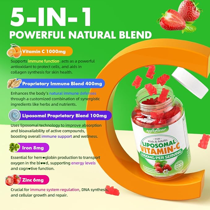 softbear Liposomal Vitamin C Gummies for Adults & Kids 1000mg, Chewable Vitamin C Supplement for Immune Support, Vegan/Organic/Sugar Free VIT C Gummies, Strawberry Flavor 60 Count