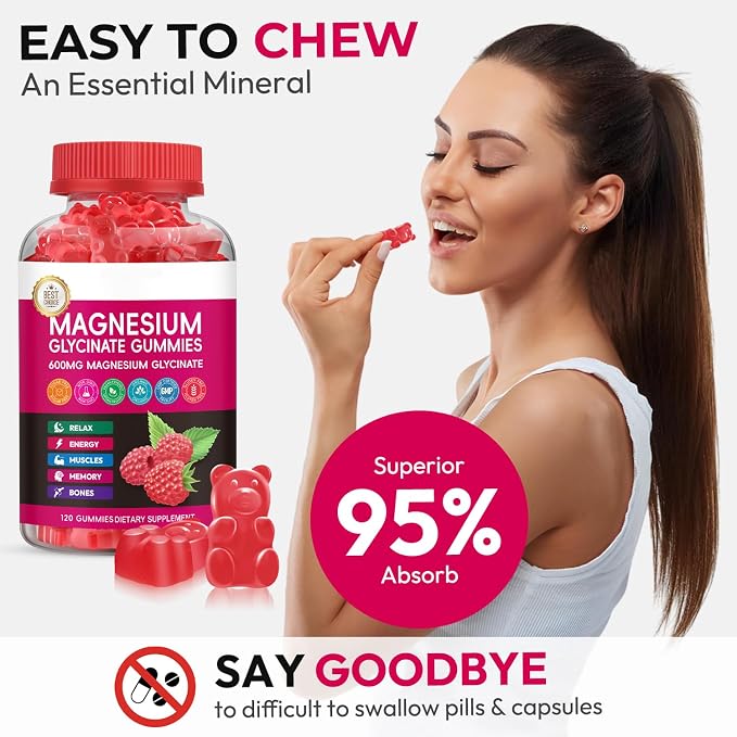 Magnesium Glycinate Gummies 600mg, High Absorption Magnesium Gummies with L-Threonate, Calcium, Vitamin B6, D3, Sugar Free Chews for Adults & Kids Relaxation, Stress Relief, Night Rest