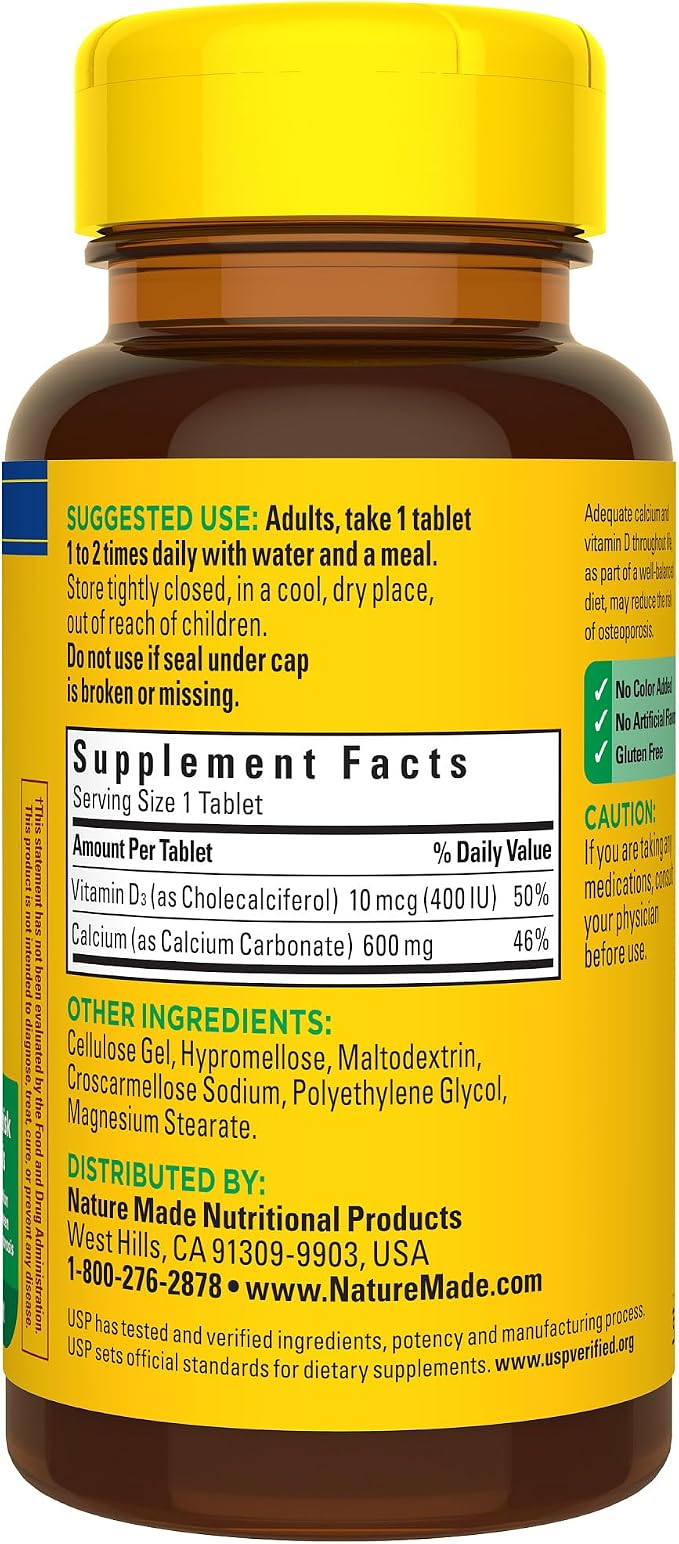 Nature Made Calcium 600 mg with Vitamin D3, Dietary Supplement for Bone Support, Calcium Supplement for Bone Health, 60 Tablets
