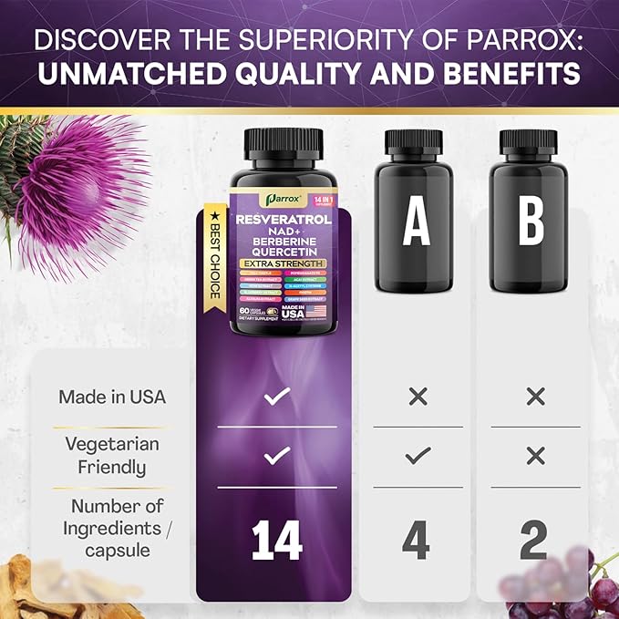 Resveratrol Supplement with Milk Thistle, NAD, Berberine, Quercetin, Fisetin, Pomegranate, Green Tea, Noni, Acai, Blueberry, Grape Seed Extracts, N-Acetyl Cysteine, 14-in-1 Extra Strength (120 Caps)