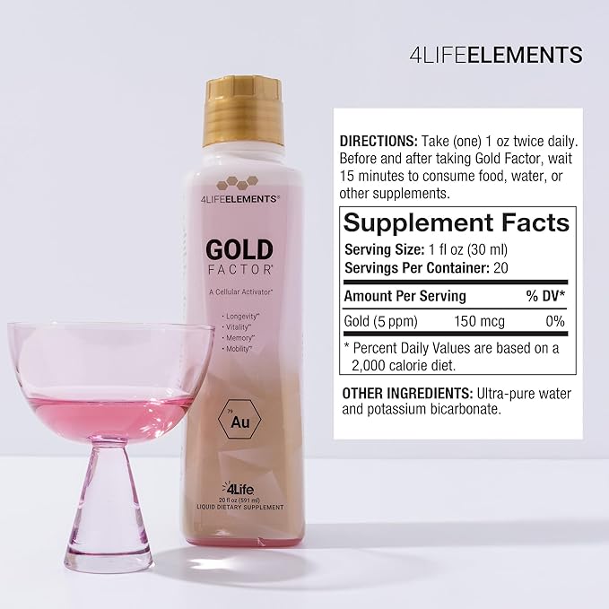4LifeElements - Gold Factor Cellular Activator with Ultra-Fine Gold Particles for Vitality, DNA & Telomere Support, Brain Clarity - 32 oz