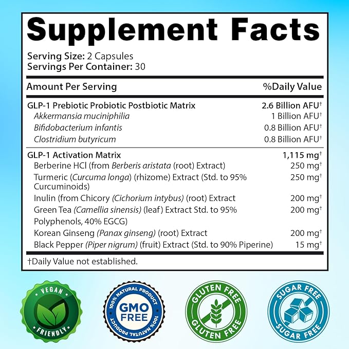 GLP-1 XLR8 Supplement for Weight Loss, Digestion, Constipation, Bloating Relief with Akkermansia 2.6 Billion AFU Live Prebiotic Probiotic Postbiotic Gut Health + Berberine for Women Men 120 Capsules
