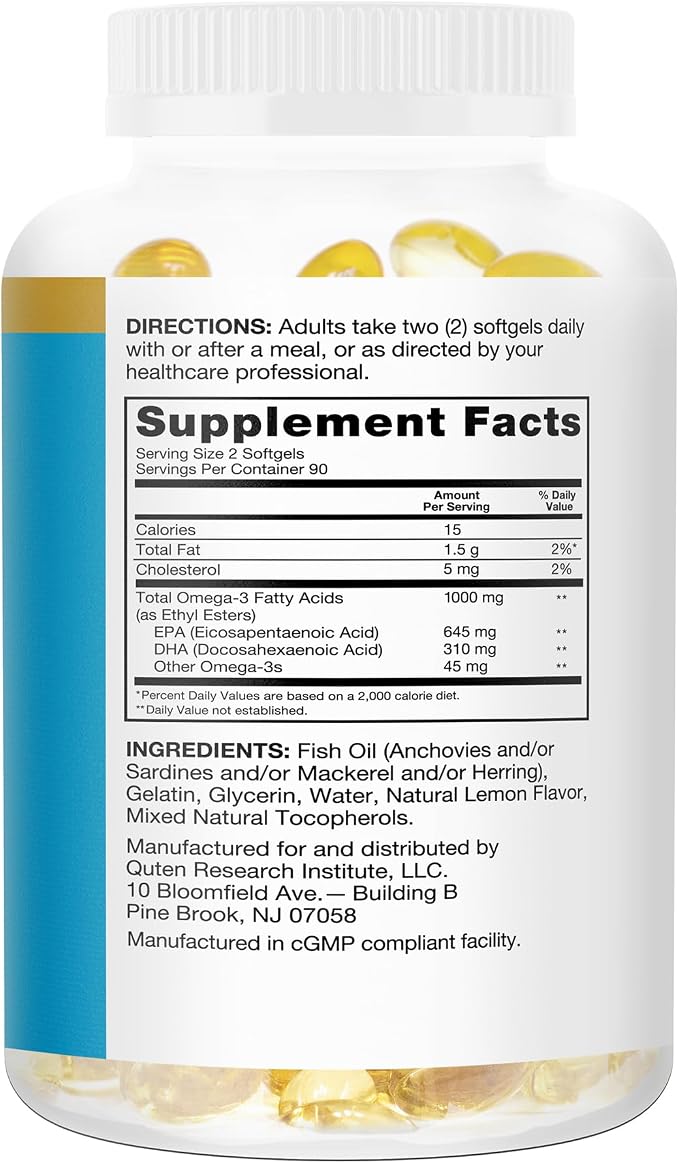 Qunol Fish Oil Omega 3 Mini Softgels, 1000mg Omega 3 EPA + DHA, Ultra Pure Supplements, Heart Health Support, Lemon Flavor, Easy to Swallow Minis, 3 Month Supply, 180 Count