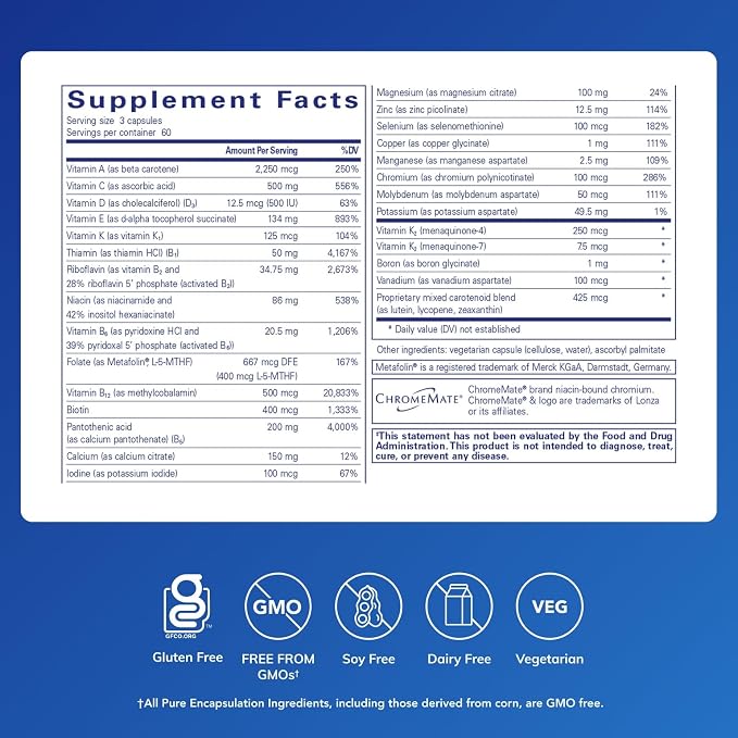 Pure Encapsulations Nutrient 950 with Vitamin K 180's - Multivitamin & Mineral Supplement - Bone & Arterial Support* - Optimal Absorption - Gluten Free & Non-GMO - 180 Capsules