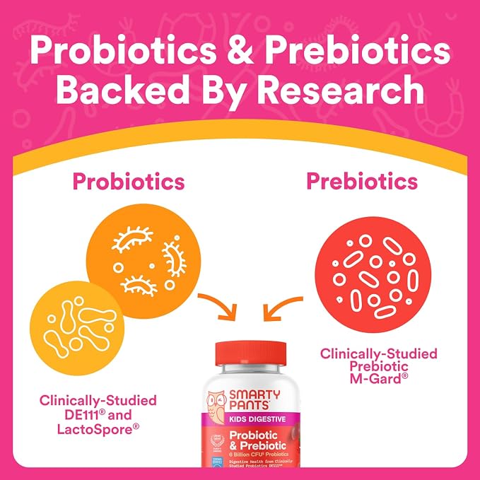 SmartyPants Kids Probiotic & Prebiotic Gummies for Digestive Health: Gut Health Supplement, Clinically Studied Prebiotic for Immune Support, Strawberry, 60 Count (30 Day Supply)