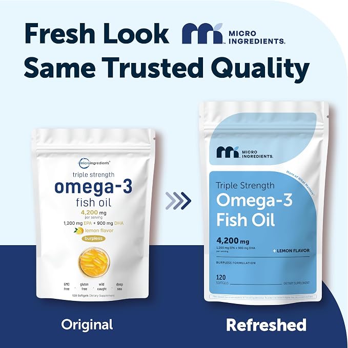 Micro Ingredients Triple Strength Omega 3 Fish Oil Supplements 4200mg Per Serving, 120 Softgels – Lemon Flavored – Burpless | EPA 1200mg + DHA 900mg | Deep Sea Fish