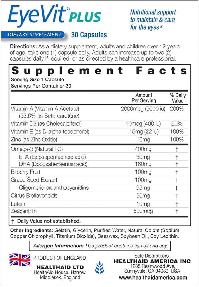 EyeVit Plus – Once-Daily Eye Health Supplement | 30 Capsules | Contains Omega-3, Lutein, Beta-Carotene, Zeaxanthin, Bioflavonoids & Bilberry