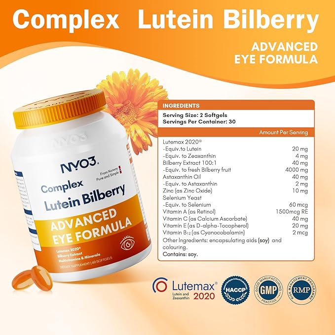NYO3 Eye Vitamins with Lutein and Zeaxanthin,Patented Eye Formula,Recommended by NIH,Advanced Bilberry & Astaxanthin,Vitamins A, C, E, B12 & Minerals, Eye Health & Vision Protection, 60 Softgels
