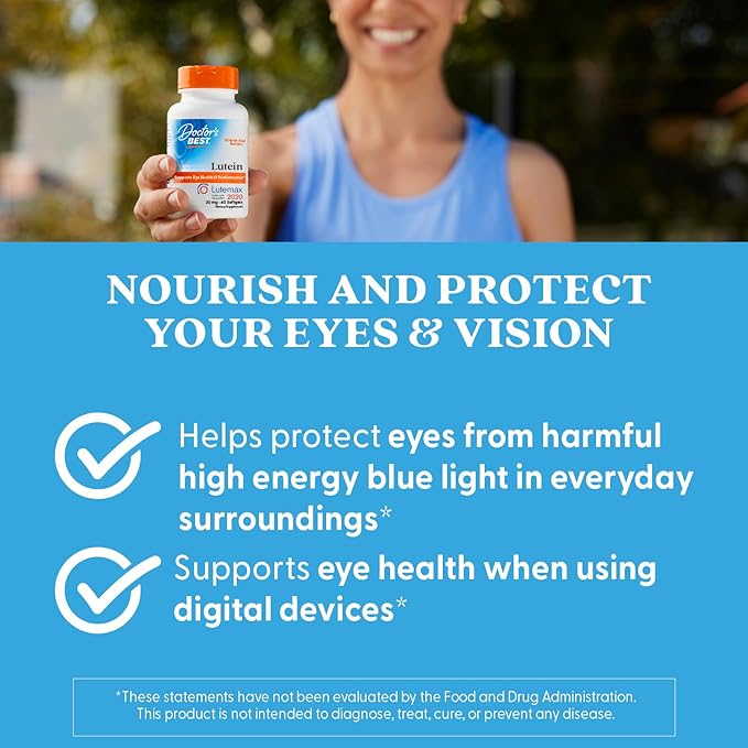 Doctor's Best Lutein Supplement 20mg with Zeaxanthin - Lutein for Eyes, Eye Health Vitamins for Men & Women, Vision and Macular Health Support, Lutemax 2020 Marigold Flower Extract - 60 Softgels