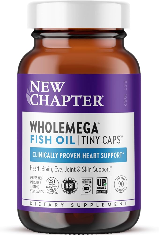 New Chapter Wholemega Fish Oil Supplement, Tiny Capsules, 2000mg per Serving, Clinically Proven Wild Alaskan Salmon Oil with Omega-3 + Vitamin D3 + Astaxanthin, 500mg Each - 90 Count