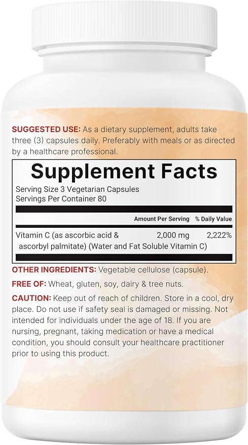 Pure Vitamin C 2,000mg, 240 Veggie Capsules | Highly Bioavailable Fat & Water Soluble Forms | Max Potency | Antioxidant & Immune Support Supplement | Easily Absorbed, Non-GMO, Filler Free