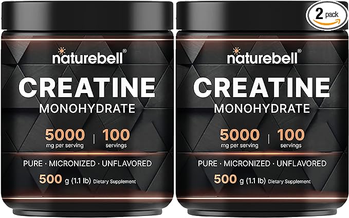 NatureBell 2 Pack Instant Creatine Monohydrate Powder 500g, 5,000mg Per Serving | Micronized, Pure, & Unflavored | Pre-Workout | Keto, Vegan, Filler-Free | 200 Servings (2.2 lb)