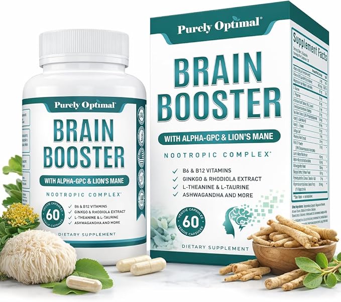 Purely Optimal Brain Booster Nootropic Supplement – Brain Support for Memory, Focus, Clarity, Jitter-Free Energy for Adults, Seniors– with Ginkgo Biloba, Alpha GPC, Lion’s Mane – 60 Capsules