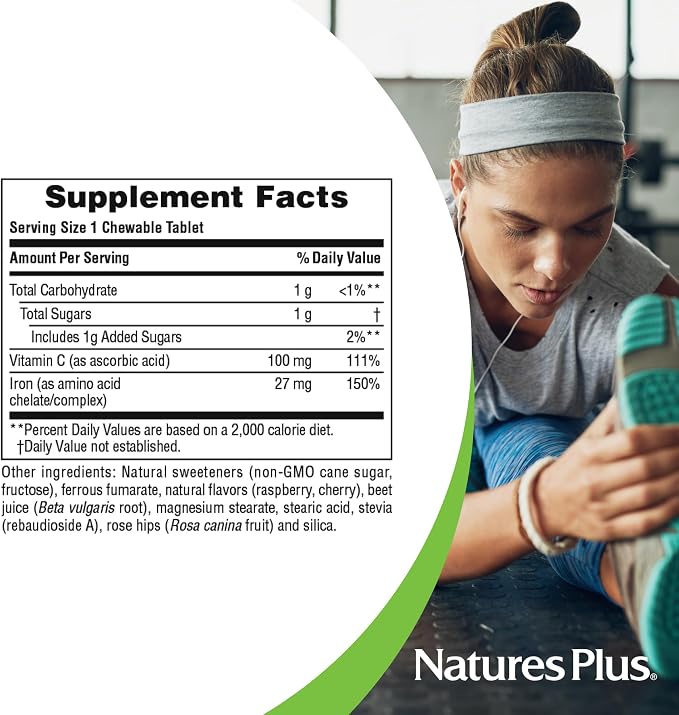 NaturesPlus Chewable Iron, Cherry - 90 Tablets - Supports Natural Energy Production - High-Potency Supplement with Vitamin C & Herbs - 90 Servings