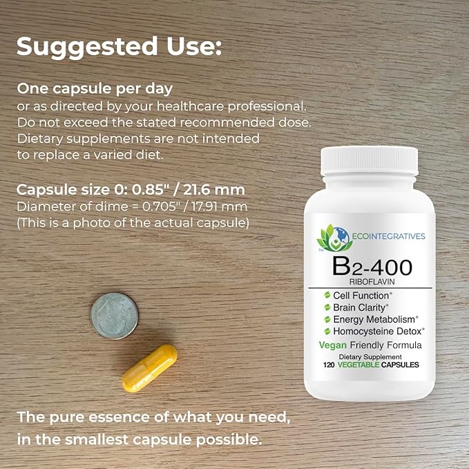 B2-400 Pure Riboflavin - Nervous System Health, Homocysteine Detox, Cardiovascular, Helps Boost Energy, Mental Clarity, Metabolism and Cell Function (120)