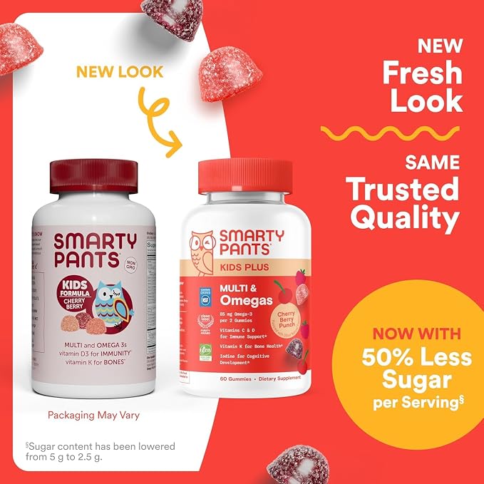 SmartyPants Kids Multivitamin Gummies, Omega 3 (DHA/EPA), Vitamins D3, C, B12, B6, Vitamin A, K & Zinc, Gluten Free, Cherry Berry Punch Flavors, 60 Count (30 Day Supply)