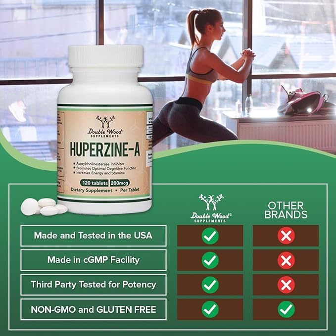 Huperzine A 200mcg (Third Party Tested) 120 Tablets, Brain Supplement to Promote Acetylcholine (Acetylcholinesterase Inhibitor) - Supports Memory and Focus by Double Wood (Pack of 2)