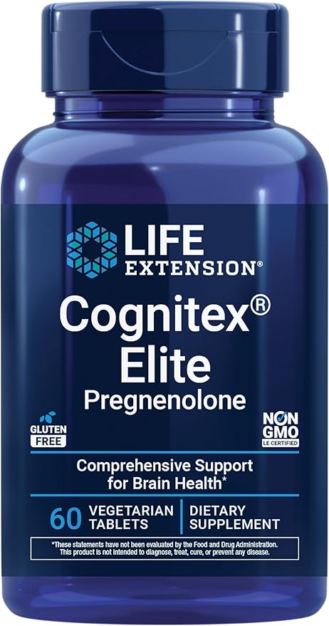 Life Extension Cognitex® Elite Pregnenolone, sage, Blueberry, ashwagandha, phosphatidylserine, Advanced Formula, Attention, Focus, Memory, Gluten-Free, Non-GMO, Vegetarian, 60 Tablets