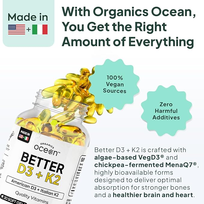 Organics Ocean Better D3 + K2-100% Organic VIT D3 and K2 Supplements with Maximum Bioavailability - Supports Bone Density, Calcium Balance, Immunity & Mood - 1-Pack, 30-Day Supply