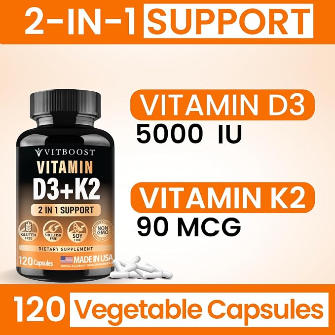 VITBOOST Vitamin D3 K2 Complex - Easy to Swallow - Vitamin D (D3) 5000 IU (125 mcg) & K2(MK-7) 90 mcg | Non-GMO | Gluten-Free | USA Made | 120 Capsules