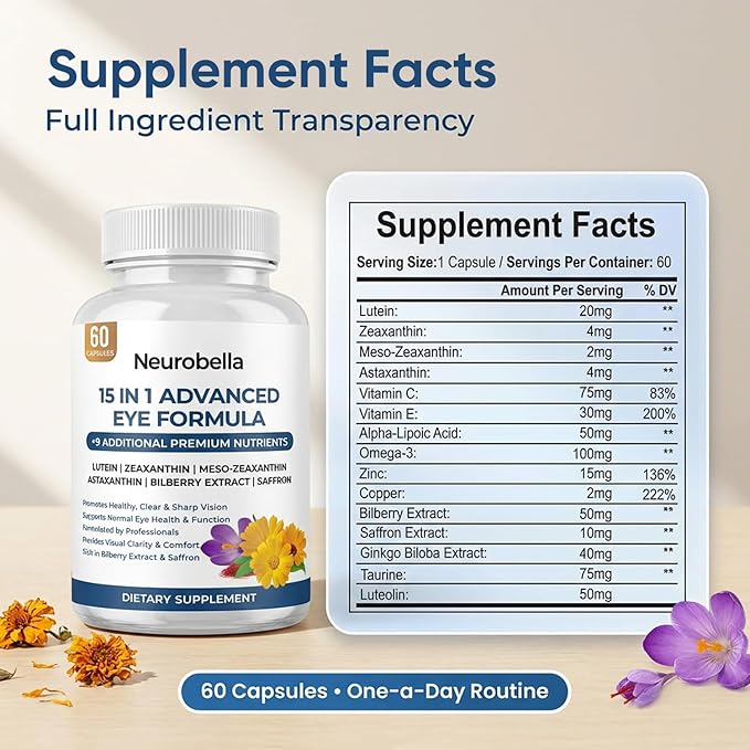 Neurobella Eye Formula - Neurobella 15 in 1 Advanced Eye Formula with All 3 Carotenoids, Lutein & Zeaxanthin, Bilberry Extract and Saffron, 60 Capsules