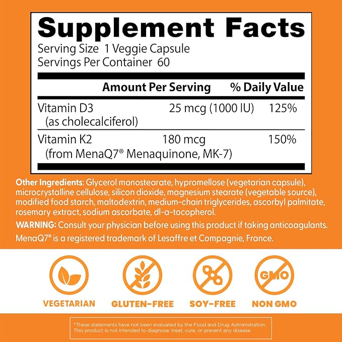 Doctor's Best Natural Vitamin K2 MK-7 Plus D3 - VIT D3 and K2 MK7 Supplement for Men & Women, Supports Tissue, Artery, & Bone Health, Non-GMO, Gluten Free, Soy Free, Vegetarian - 60 Veg Caps