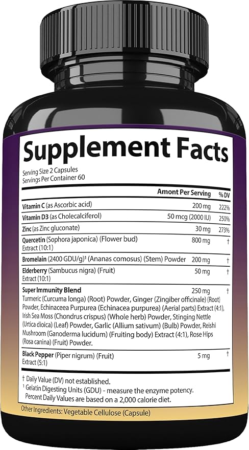 Quercetin with Bromelain, Elderberry, Vitamin C, D3 and Zinc. Super Immune Support Supplement. Organic Complex for Men & Women, Non-GMO, Gluten-Free, Vegan, USA (120 Capsules)