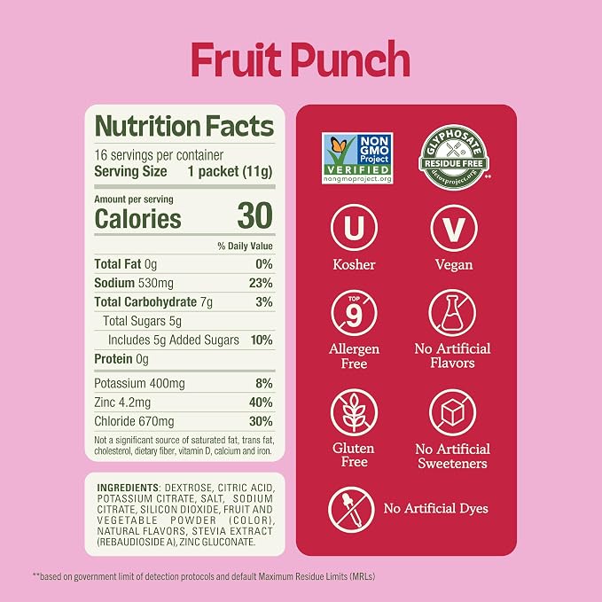 KinderFarms Electrolyte Powder for Kids and Adults - Drink Mix Hydration Packets (Fruit Punch, 16 Count), No Artificial Sweeteners or Flavors, No Synthetic Dyes, Vegan, Non-GMO, Gluten-Free