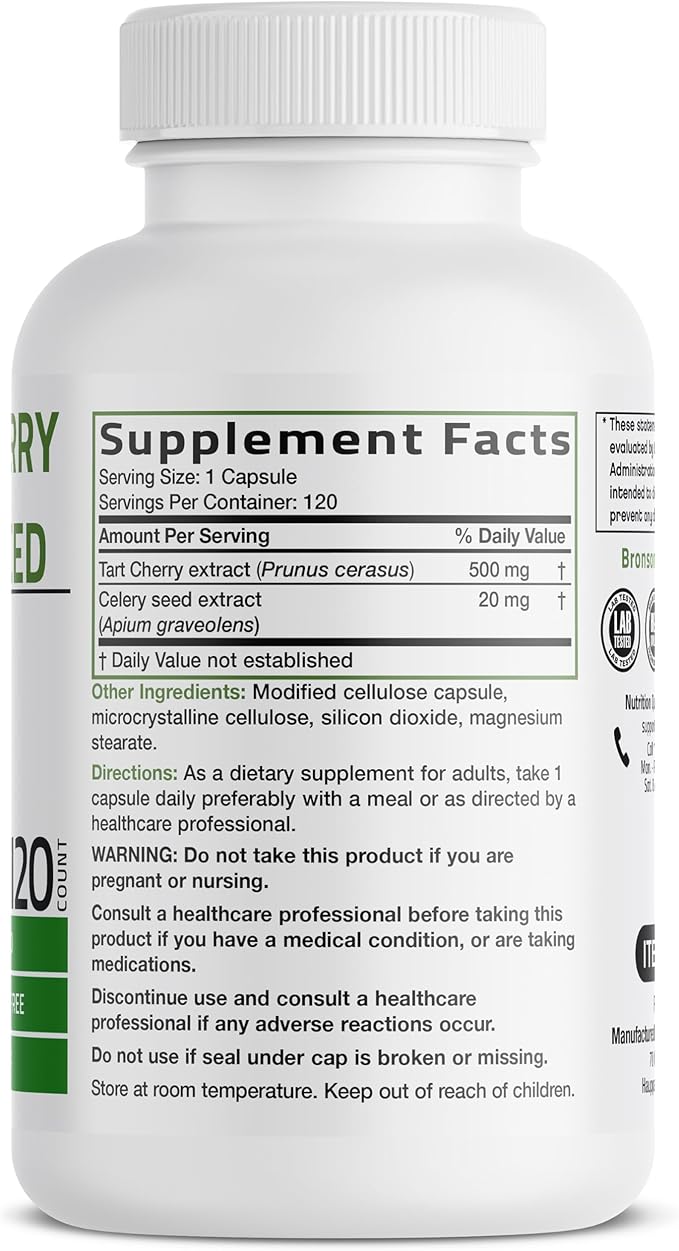 Bronson Tart Cherry Extract + Celery Seed Capsules - Powerful Uric Acid Cleanse, Joint Mobility Support & Muscle Recovery Supplement - Non GMO Formula, 120 Vegetarian Capsules