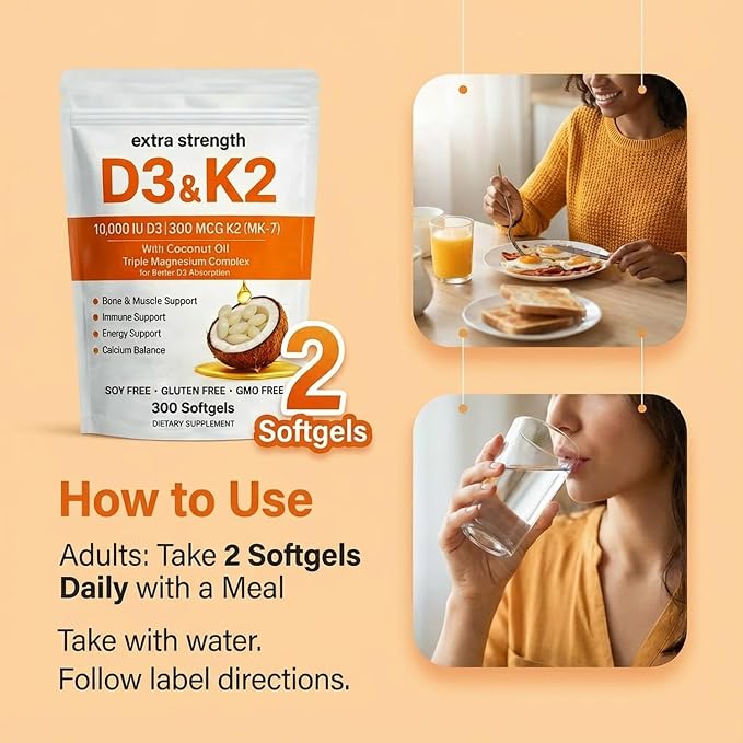 ELVERA Vitamin D3 K2 Magnesium Complex, Extra Strength D3 & K2 with Triple Magnesium Softgels, D3 K2 Vitamin 10000 IU Softgels(1)