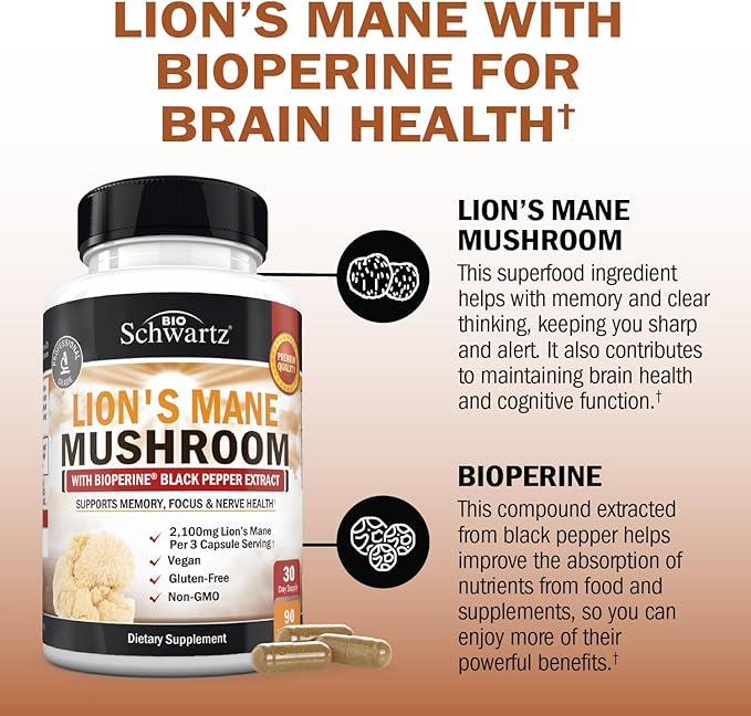 BioSchwartz Organic Lions Mane Supplement Capsules (90 Count) 2100mg Lions Mane Mushrooms with BioPerine for Max Absorption, Active Compound Verified, Nootropic Brain Supplements for Memory and Focus