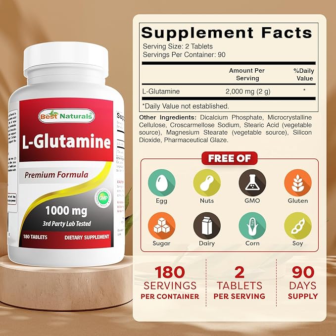 Best Naturals L-Glutamine 1000mg Fuel for Workout (Non-GMO) Tablets, 180 Count