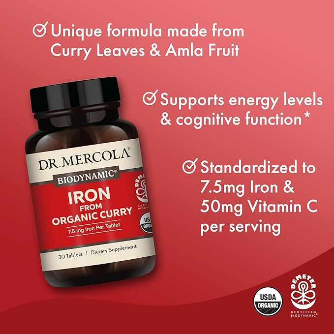 Dr. Mercola Iron from Organic Curry, 30 Servings (30 Tablets), 7.5 mg Iron Per Tablet, Dietary Supplement, Supports Immune Health, Regenerative, Certified USDA Organic, Non-GMO - 2 Pack