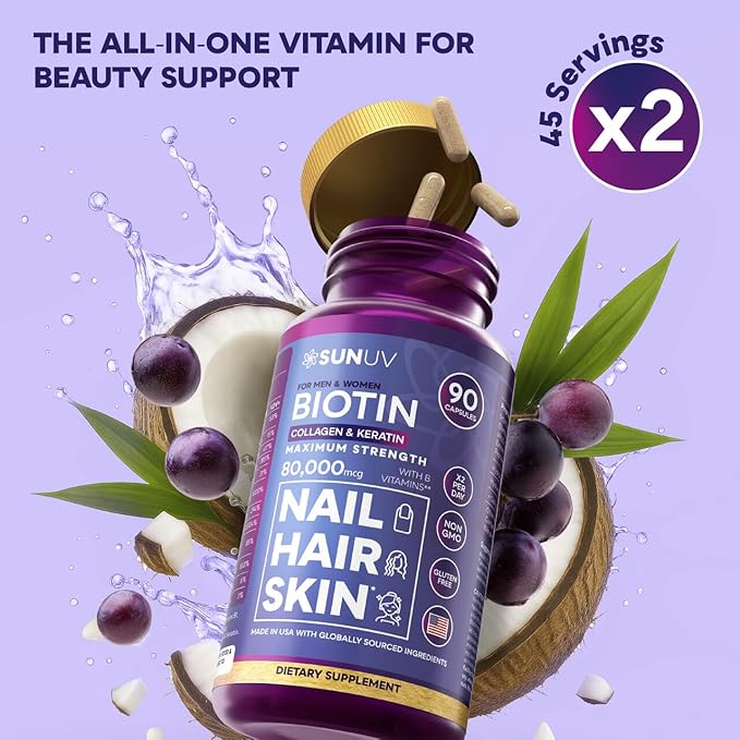 SUNUV Biotin 10,000mcg | Collagen | Keratin | Hyaluronic Acid - 80,000mcg Hair Growth Vitamins for Hair Skin & Nails Support - Women & Men - Vitamins B1,B2,B3,B5,B6,B9,B12 -Made in USA-90 Capsules