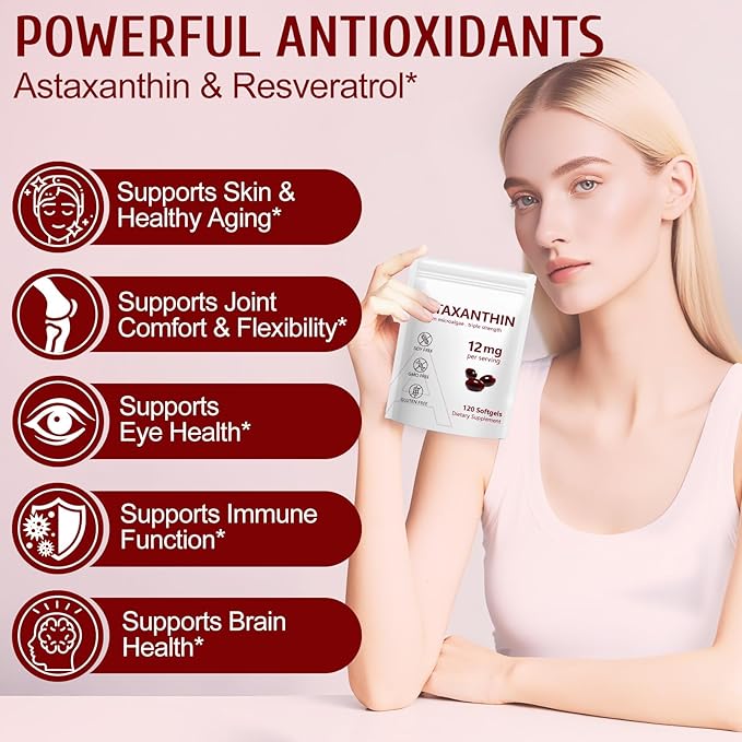 2 Pack Astaxanthin 12mg, Premium Astaxanthin Antioxidant Supplements with Antioxidant Activity, Supports Eye, Immune, Skin Health, Internal Circulation