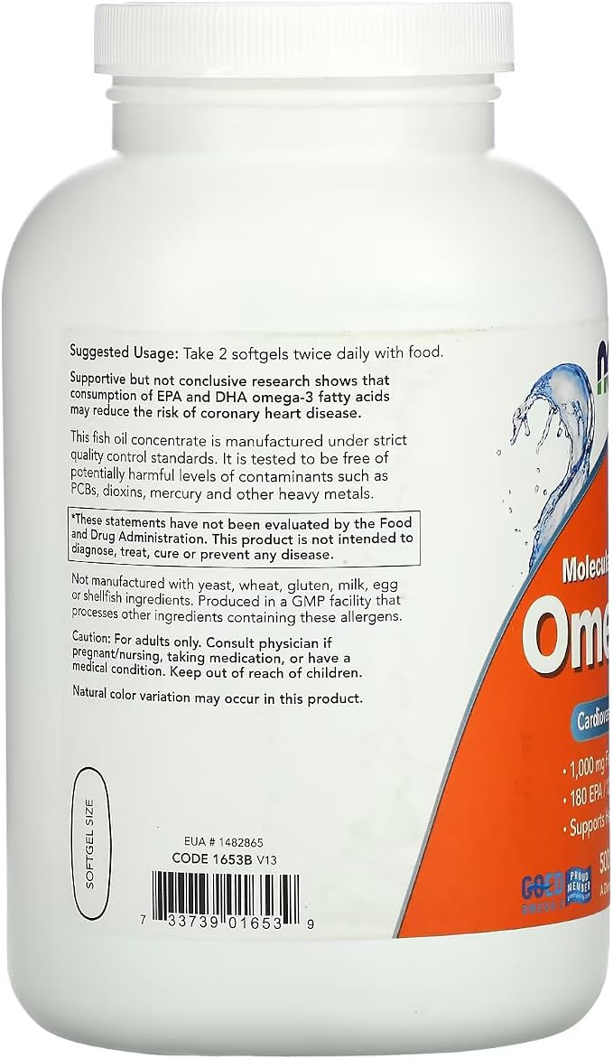 NOW Foods Supplements, Omega-3 180 EPA / 120 DHA, Molecularly Distilled, Cardiovascular Support*, 500 Softgels, (Pack of 2)