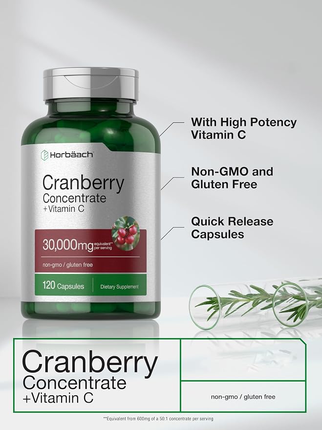 Horbäach Cranberry Concentrate Extract Pills + Vitamin C | 120 Capsules | Supplement for Women and Men | Triple Strength Ultimate Potency Formula | Non-GMO and Gluten Free