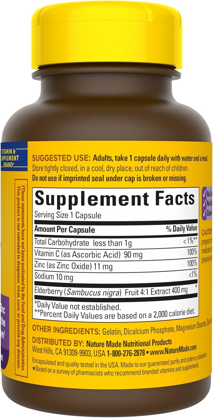 Nature Made Elderberry, Vitamin C and Zinc Capsules, 400 mg Elderberry Extract, Dietary Supplement for Immune Support, 60 Capsules, 60 Day Supply