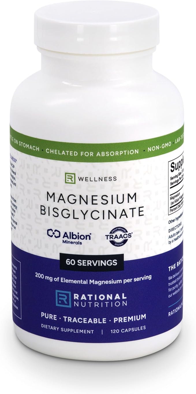 Magnesium Bisglycinate Chelate 200mg – Albion® TRAACS® Unbuffered Formula – Gentle on Stomach, High Absorption – 120 Capsules – Rational Nutrition