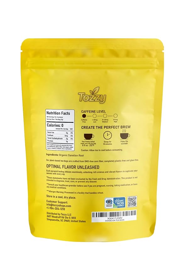 Tozzy Organic Dandelion Tea – 100 Count, Plant-Based Pyramid Tea Bags – Packaging May Vary | Organic