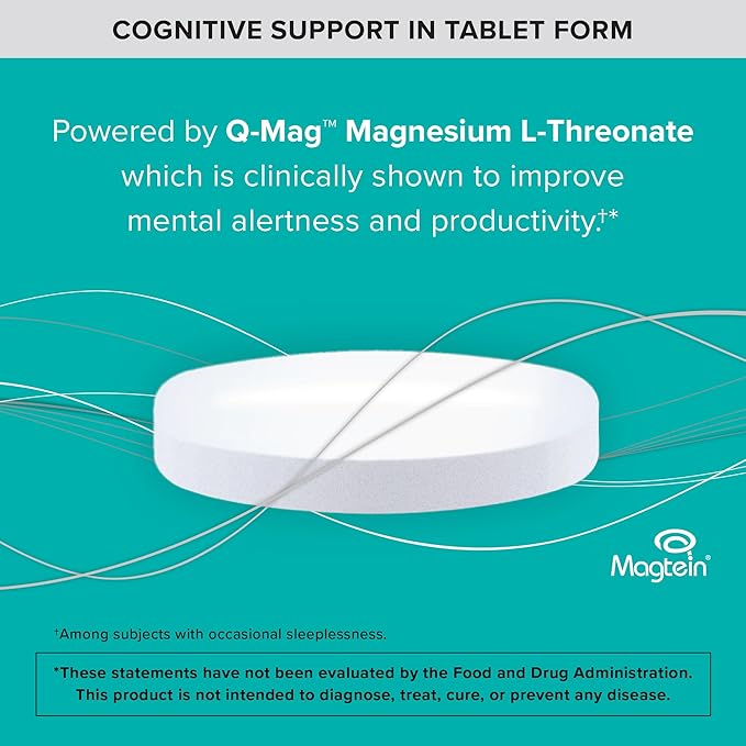 Qunol Q-Mag Magnesium L-Threonate Tablets, 2000mg of Magtein to Help Support Cognitive Performance, Improve Mental Alertness & Productivity, Supports Restful Sleep, High Absorption, 60 Count