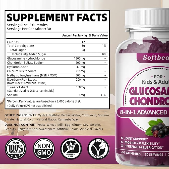 softbear Glucosamine Chondroitin Gummies, Sugar Free Glucosamine Chondroitin MSM Supplement with Elderberry Turmeric Supports Joint Health & Antioxidant, Elderberry Flavored 60 Count