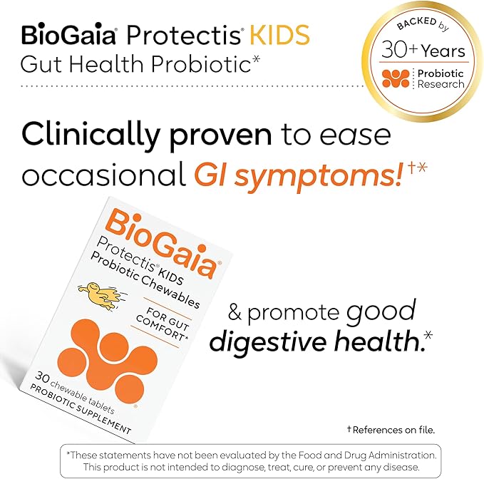BioGaia Kids Probiotic Chewables | Promote Regularity | Ease Occasional Tummy Troubles | Ages 3+ | Allergen, Dairy, Soy & Gluten Free | Backed by 30 Years of Probiotic Research | 60 Day Supply